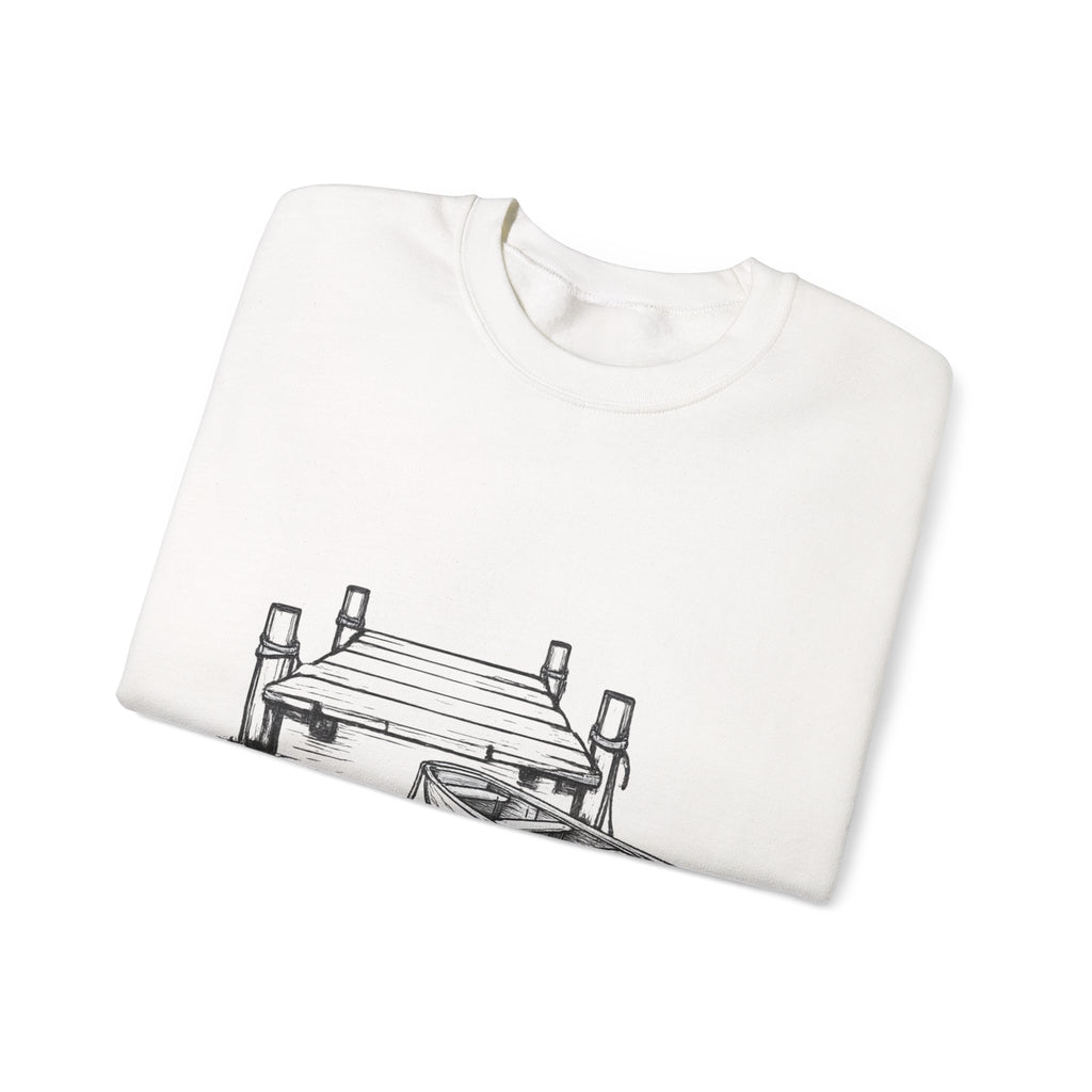 Old wooden dock with boat Crewneck Sweatshirt