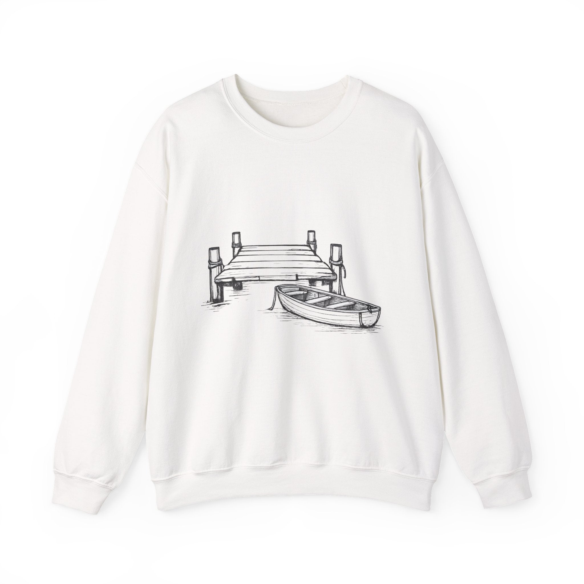 Old wooden dock with boat Crewneck Sweatshirt