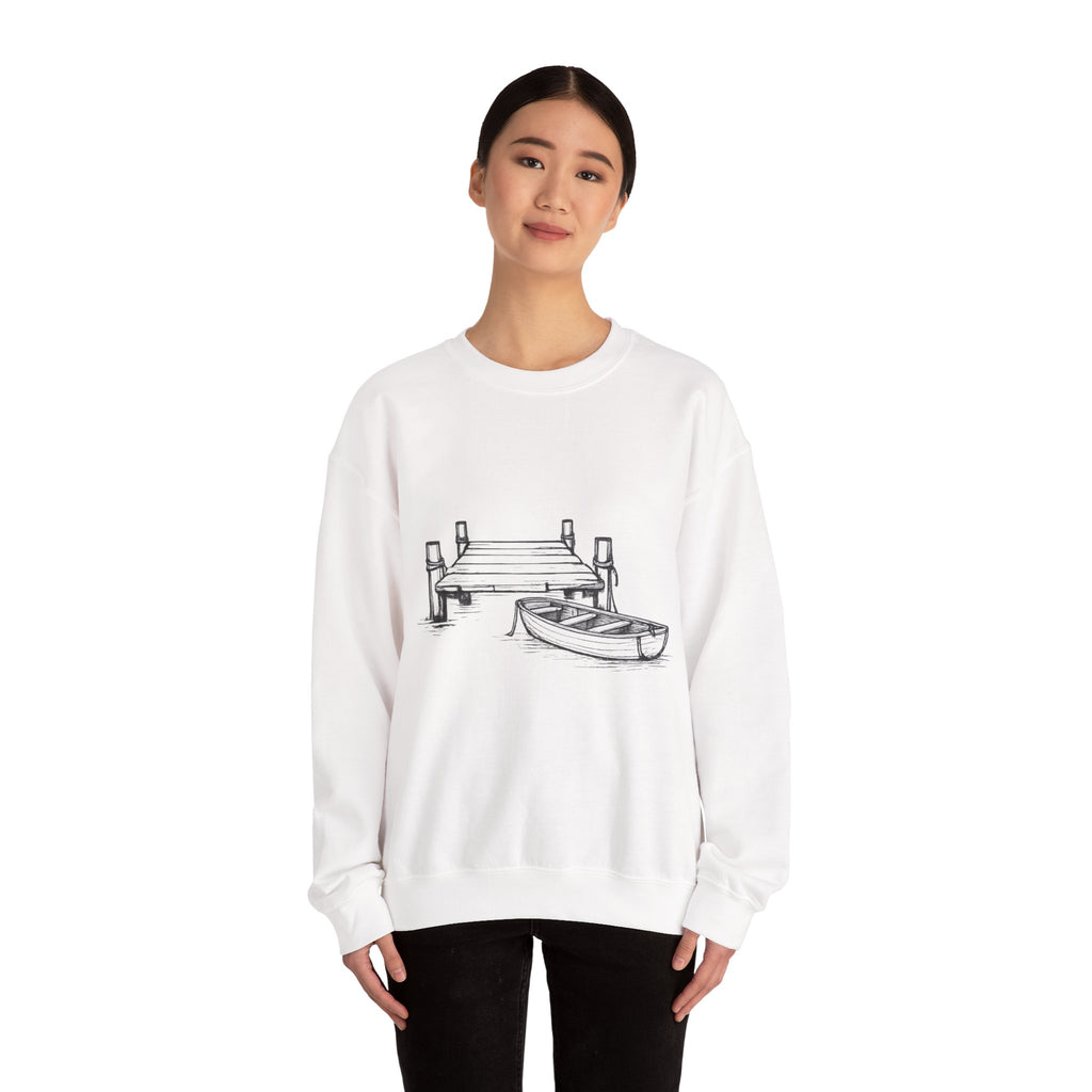 Old wooden dock with boat Crewneck Sweatshirt